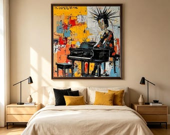 Square Oil Painting, Pianist at Grand Piano – Yellow Abstract Expressionist Canvas for Bedroom