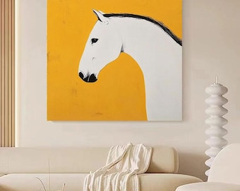 Abstract White Horse Oil Painting: Large Modern Animal Canvas Wall Art