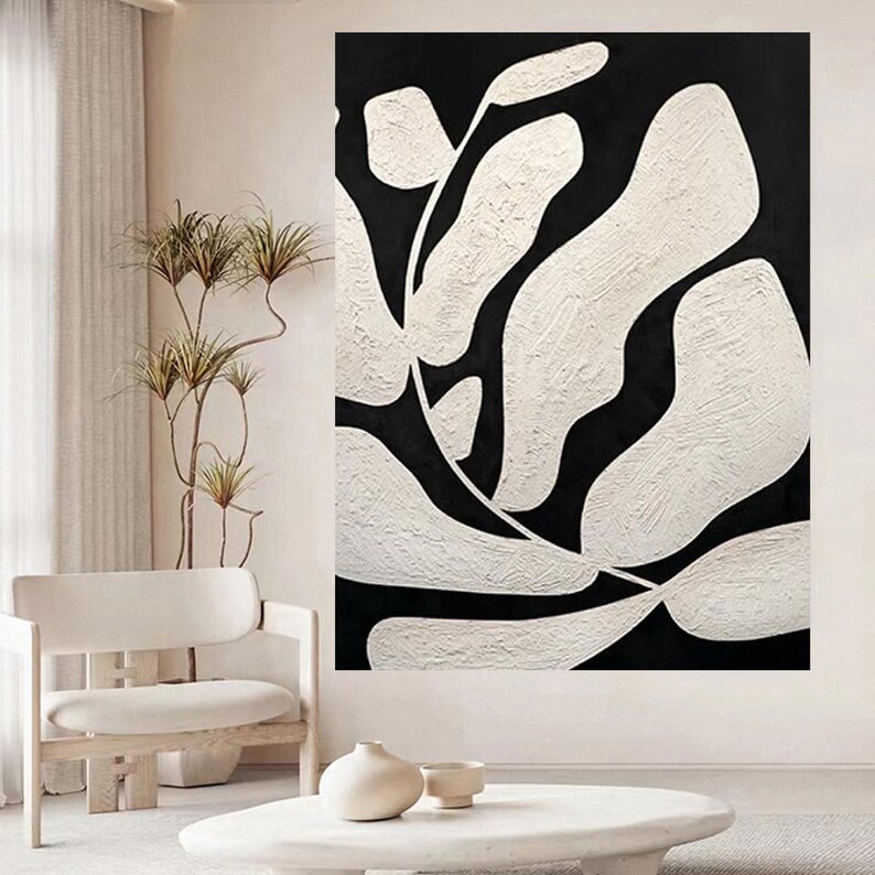 Textured Leaves Painting: Large Black and White 3D Abstract Wall Art - Etsy