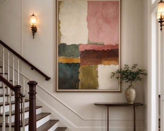 Large Abstract Color Block Oil Painting, Earthy Pink & Olive Green Canvas Art, Textured Neutral Wall Decor, Modern Entryway Framed Art