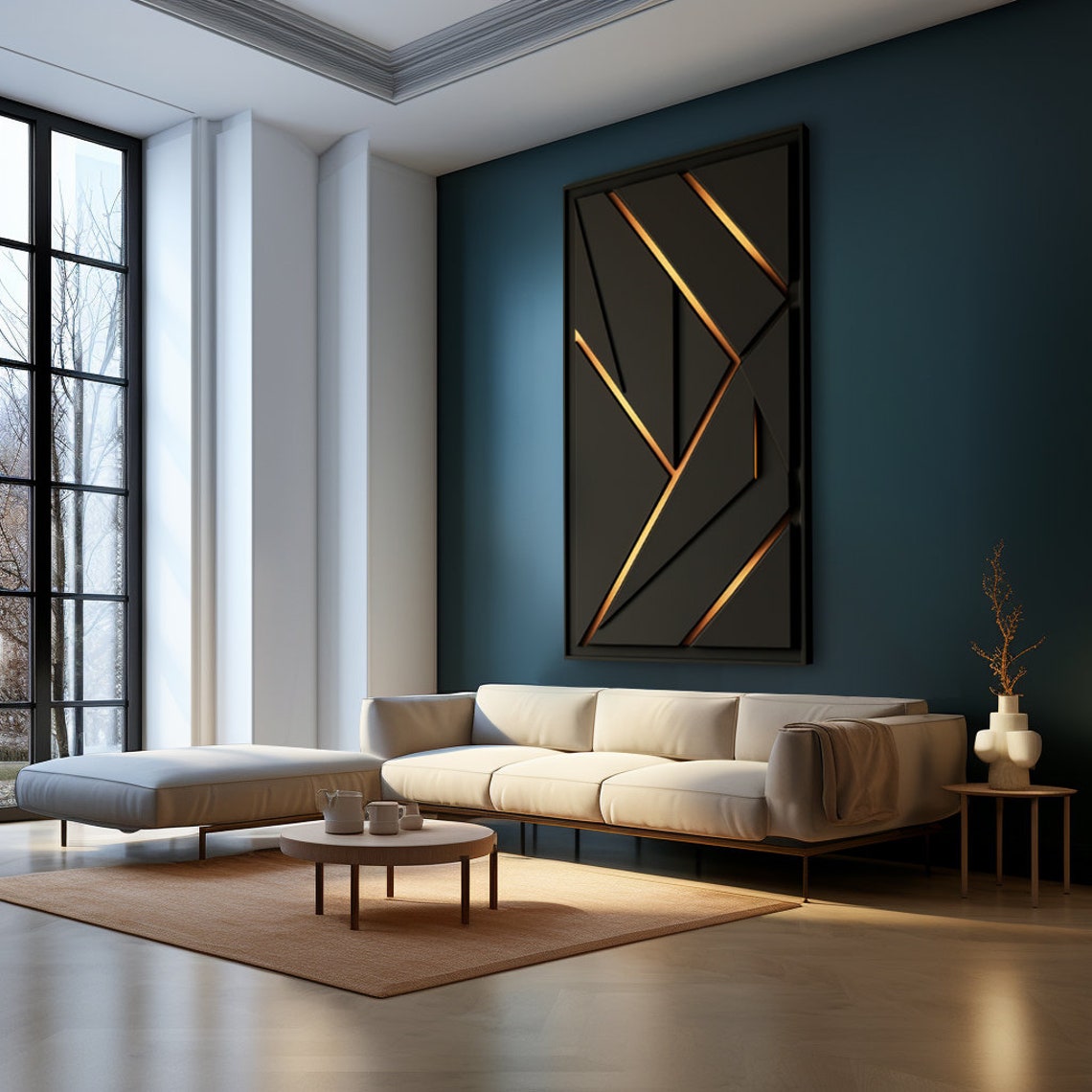 Black Wood Sculptured Wall Hanging With Gold Line, Minimalist Textured