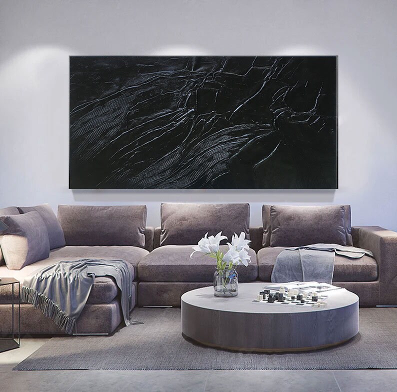 Large Black 3D Textured Painting, Minimalist Abstract Wall Art - Etsy