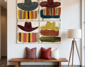 4 Panel Cowboy Hat Square Wall Art, Abstract Western Impasto Oil Painting,Boho Mid Century Living Room Decor