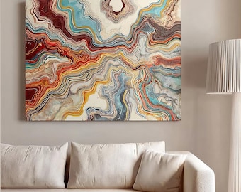 Abstract Agate Swirl Textured Oil Painting, Modern Fluid Marble Wall Art, Large Colorful Geode Canvas, Contemporary Living Room Decor