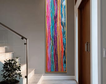 Long Vertical Colorful Abstract Wall Art, Hand-Painted Painting, Vibrant Striped Artwork for Staircase Entryway, Unique Boho Home Decor Gift