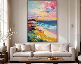 Large Abstract Beach Canvas Wall Art, Colorful Seascape Oil Painting, Vertical Impressionist Landscape, Vibrant Living Room Decor