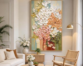 Large 3D Floral Texture Oil Painting, Textured White Flower Canvas Art, Soft Pink & Sage Green Wall Decor, Modern Gold Leaf Painting
