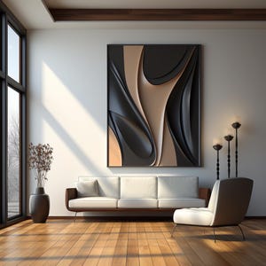 Black Wooden Wave Wall Sculpture: 3D Textured Art