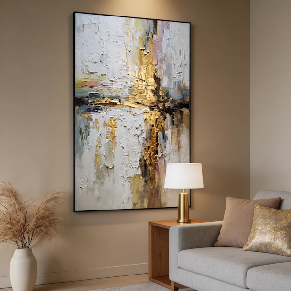 Master Bedroom Wall Art, Soft Abstract Textured Canvas, Gold Foil Serene Painting