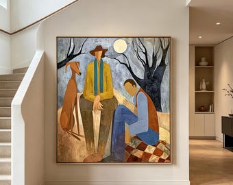 Vintage Cubist Figurative Wall Art, Square Moon Night Scene Painting, Abstract Man & Greyhound Dog Canvas for Large Living Room Decor