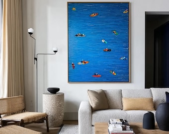 Serene Lake Kayak Wall Art, Calming Blue Water Painting, Minimalist Coastal Decor, Relaxing Textured Canvas