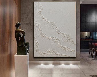 3D White Texture Painting, Abstract Ocean Wave Oil Painting
