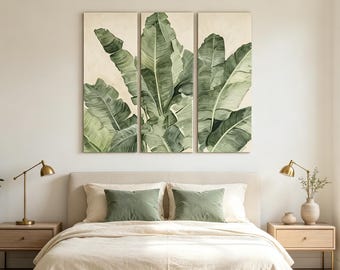 Banana Leaf Triptych Wall Art, Set of 3 Green Tropical Leaf Canvas Painting, Neutral Beige Botanical Painitng, Large Vertical Plant Wall Art