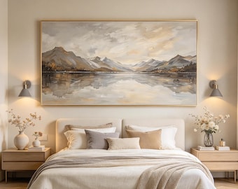 Extra Large Horizontal Mountain Oil Painting, Neutral Lake Reflection Canvas Art, Sunset Gold Landscape Wall Decor, Framed Above Sofa Art