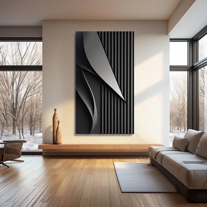 Large Pure Black Wood Carved Wall Hanging, Minimalist Wall Art for Home