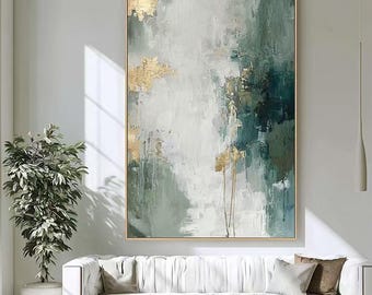 Green Gold Abstract Textured Wall Art, Large Vertical Teal White Abstract Painting, Modern Minimalist Gold Foil Canvas Art