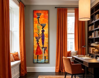 Textured Impressionist African Women Art, Vertical Ethnic Oil Painting, Tall Narrow Wall Decor