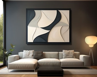 Könnte beinhalten: Ein weißes, geteiltes Sofa mit drei Kissen steht vor einem großen abstrakten Gemälde mit schwarzen, weißen und grauen geometrischen Formen. Eine Stehlampe mit einem weißen Globus-Lampenschirm steht rechts vom Sofa.