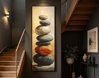 Long Narrow Zen Wall Art, Tall Vertical Stacked Rocks Canvas, Calm Decor for Hallway, Entryway & Yoga Room