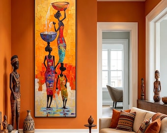 ALong Narrow African Art, Tall Vertical Women Canvas, Bold Colorful Wall Art for Hallway, Entryway & Living Room