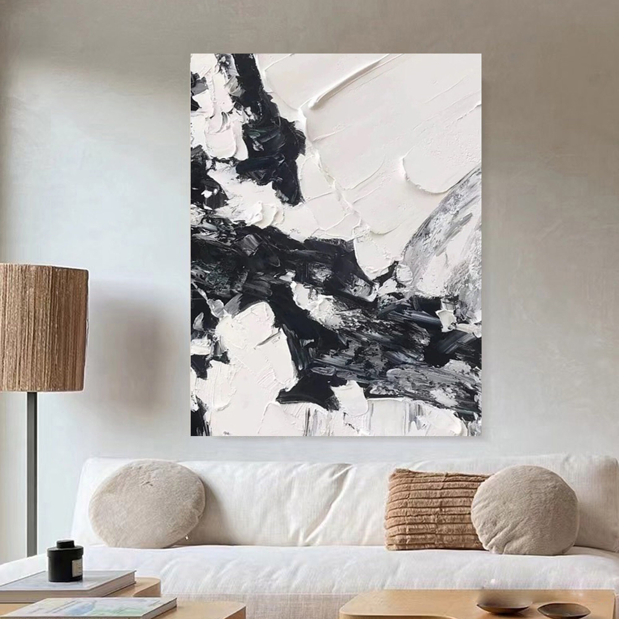 Large Black and White Abstract Art Original Textured Minimalist Canvas ...