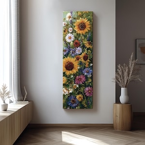 Long narrow Sunflower oil painting , tall and thin canvas wall art, floral abstraction wall art, Nature Wall Art, Vertical Wall Art
