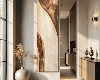 Long Narrow Earth Tone Abstract Art, Tall Vertical Brown Cream Wave Painting, Elegant Decor for Entryway & High Ceiling Spaces