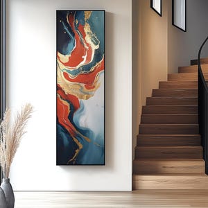 Tall Thin Modern Wall Art , Gold With Red Long Vertical Abstract Canvas  for Bedroom or Living Room Decor, Tall and Thin art for Room