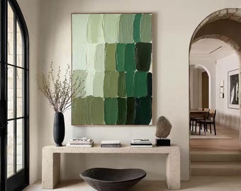 Muted Green Block Textured Abstract Painting, Vertical Wabi‑Sabi Wall Art