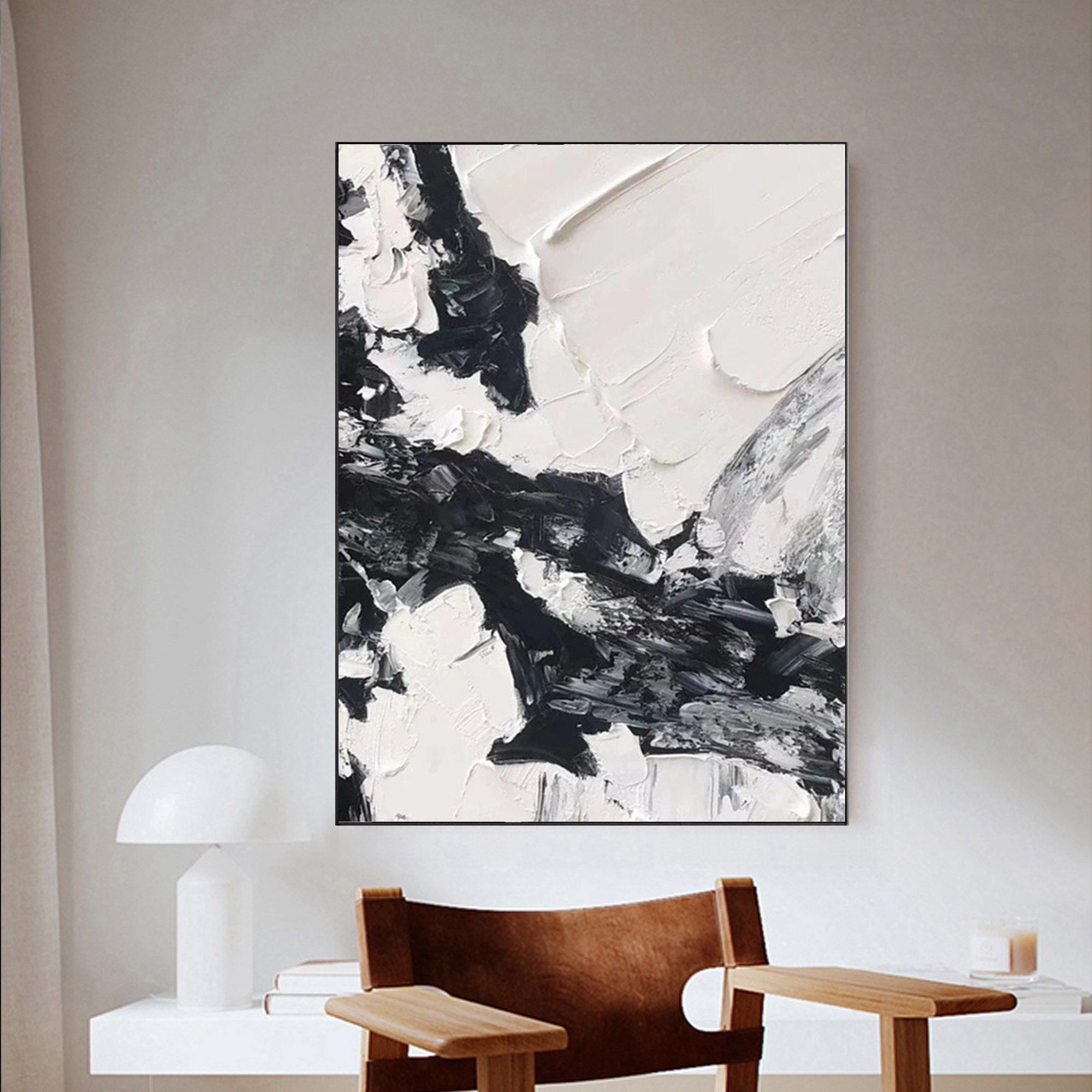 Large Black and White Abstract Art Original Textured Minimalist Canvas ...