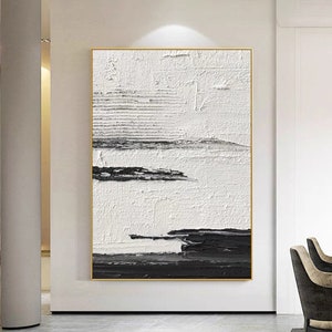 Large Black And White Painting, White Wall Art Black Minimalist Painting Black And White 3D Texture Abstract Art Office Decoration Wall Art
