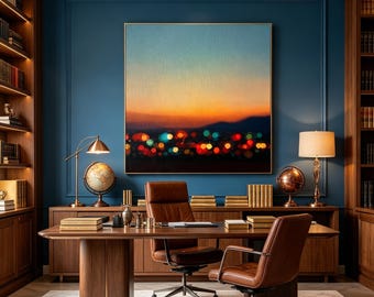 Serene Gradient Sky City Art, Impressionist Sunset Bokeh Wall Decor, Calm Moody Home Accent