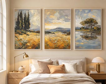 Vintage Tuscan Landscape Triptych Wall Art, Set of 3 Canvas Painting for Bedroom