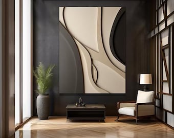 Può includere: Arte murale astratto con un design beige, bianco e grigio con forme e linee sovrapposte. L'opera d'arte è incorniciata e appesa a una parete grigio scuro in un soggiorno moderno.