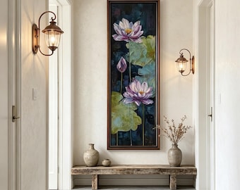 Lotus Flower Textured Wall Art, Vertical Lotus Painting Framed, Dark Background Lotus Canvas Art, Chinese Zen Lotus Artwork With Wood Frame