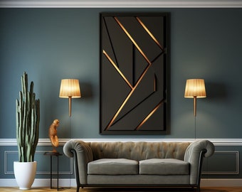 Puede incluir: Un sofá de terciopelo gris con marco negro se encuentra frente a una pared azul oscuro con una obra de arte de pared geométrica negra y dorada. Dos lámparas con pantallas beige se encuentran a cada lado del sofá.