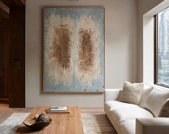 Textured Wabi Sabi Abstract Wall Art, Hand-Painted Blue Brown Neutral Canvas Painting,Large Statement Art for Living Room Decor