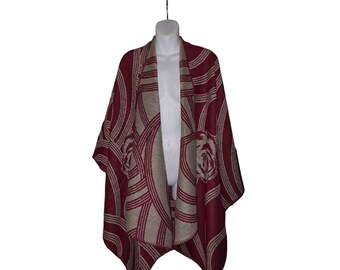 Burgundy & Tan Flower Poncho