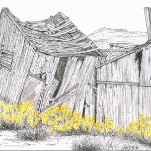 BODIE GHOSTS is a print of an original pen, ink & watercolor drawing of part of the Bodie Ghost Town in Bridgeport, Ca.
