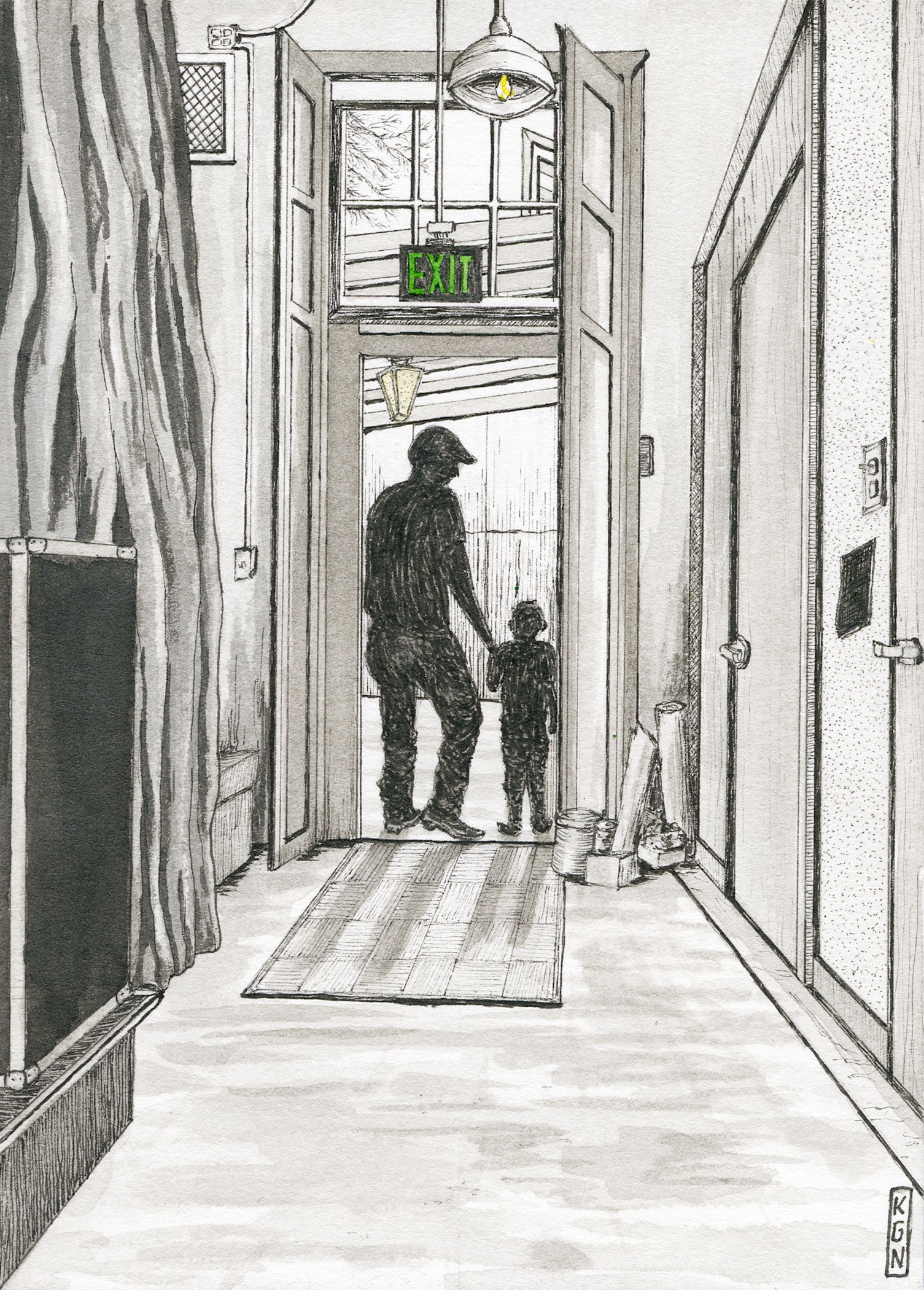 FATHER AND SON is an original Giclee print of a father holding his son’s hand silhouetted in the doorway at Provisions in Sutter Creek, Ca.