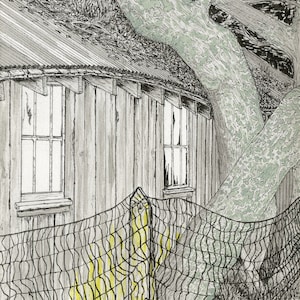 LEAN ON ME is een pen en inkt Giclee archief inkt print van een originele tekening van een kleine schuur en boom in Petaluma, Ca.