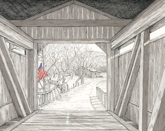 Ringos Mill Covered Bridge is an original pen and ink Giclee print of a historic covered bridge in Kentucky dating back to 1867.