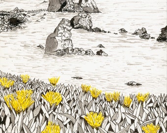 Coastline Cliffs Giclee Print: Bodega Bay Floral Art
