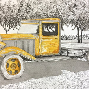 COOPER&#39;S FLATBED is a print of an original pen, ink and watercolor drawing of an old flatbed truck in front of Cooper Vineyards’ winery.