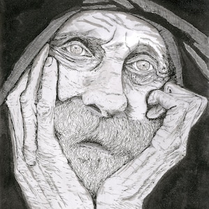 SEEN IT ALL is an original pen and ink Giclee archival ink print of an old man whose face tells you, he has seen it all.