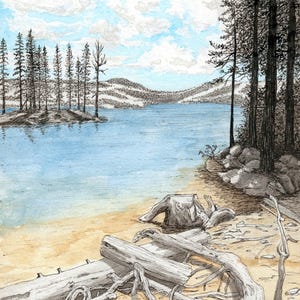 May include: Watercolour painting of a tranquil lake scene. The artwork shows a sandy beach with driftwood, a calm blue lake, and trees and mountains under a cloudy sky.