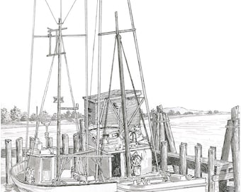 Bodega Bay Boats Print: Pen and Ink Giclee Art