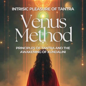 May include: Book cover with the title "Venus Method" in large white letters, with the subtitle "Principles of Tantra and the Awakening of Kundalini." A person in a red robe is meditating. The background is a celestial design with golden light.