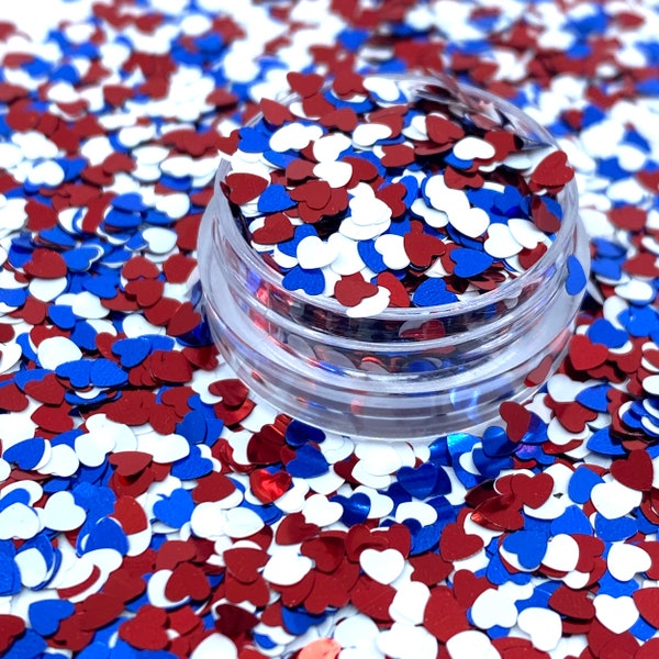 Red, white and blue heart shape glitter, 4th of July, Polyester Glitter, Tumblers, Slime, Deco, Crafts, Nail glitter, Confetti, Freedom