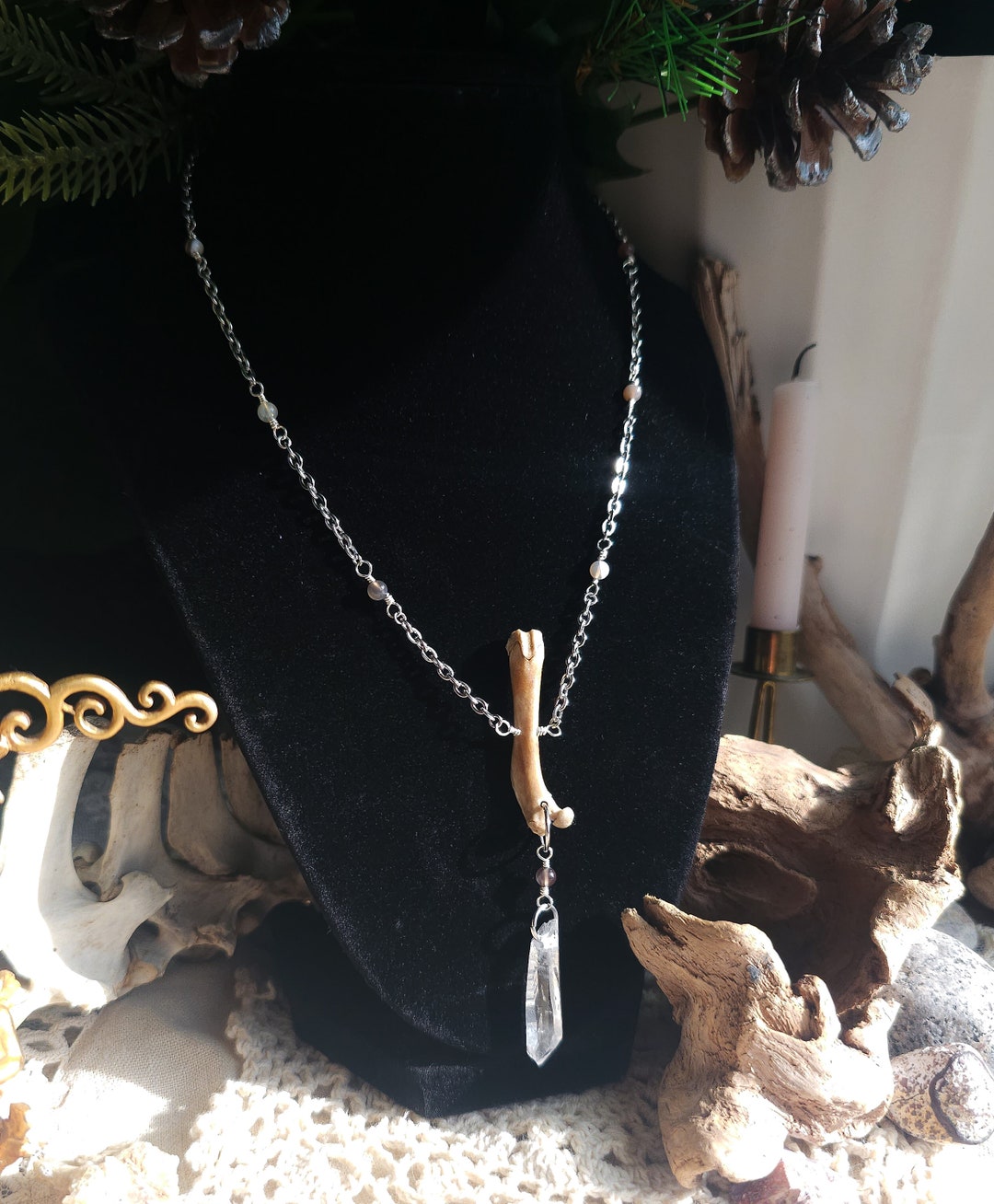 Curious Raccoon Bone Botswana Agate Crystal Beaded Necklace Talisman Etsy